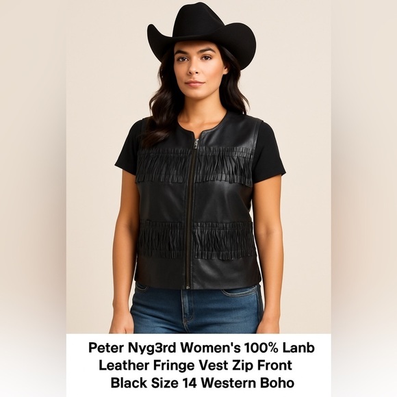 Peter Nygard Jackets & Blazers - Peter Nygård 100% Lamb Leather Fringe Vest Women’s Size 14 Black Western Boho